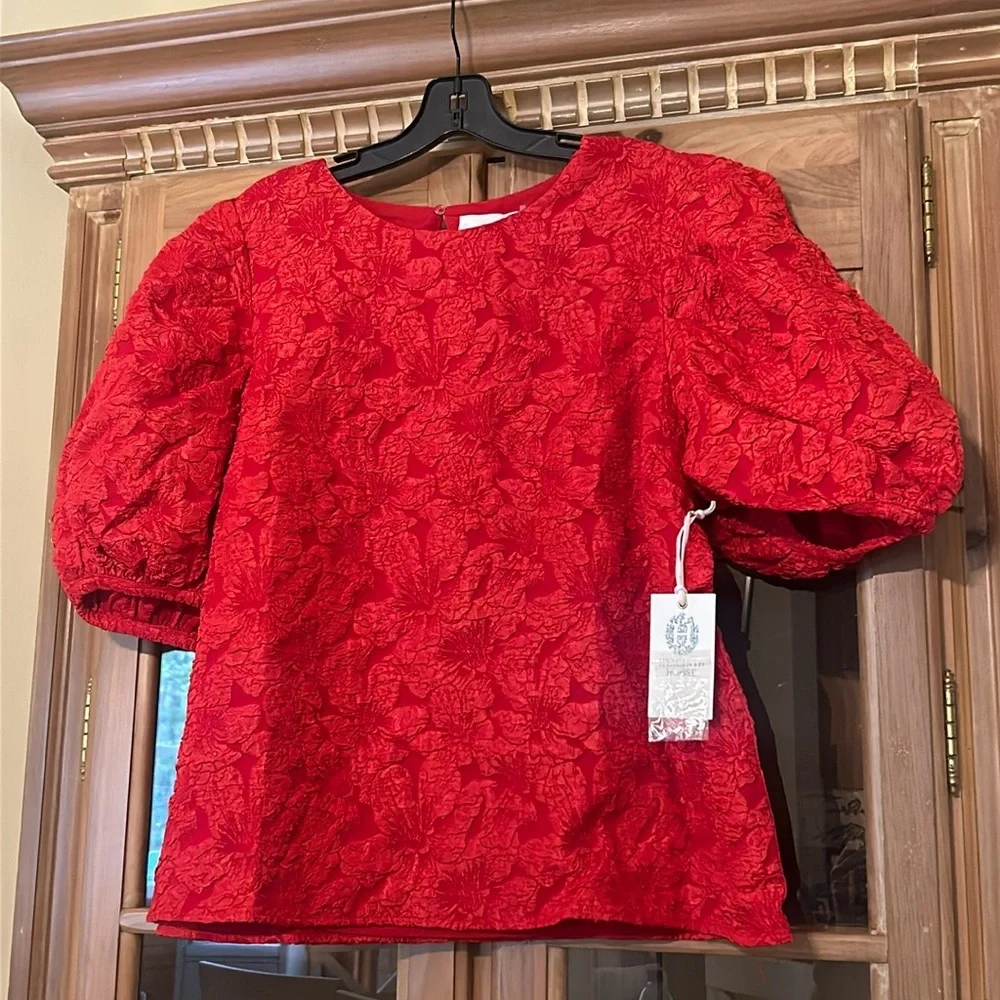 HYACINTH HOUSE  Red Jacquard Noelle Blouse